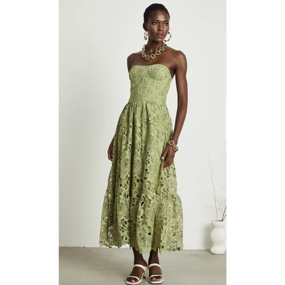 Miss Rosier NEW Ines Lace Floral Embroidered Cut-Out Midi Dress in Green Size M - Picture 1 of 12